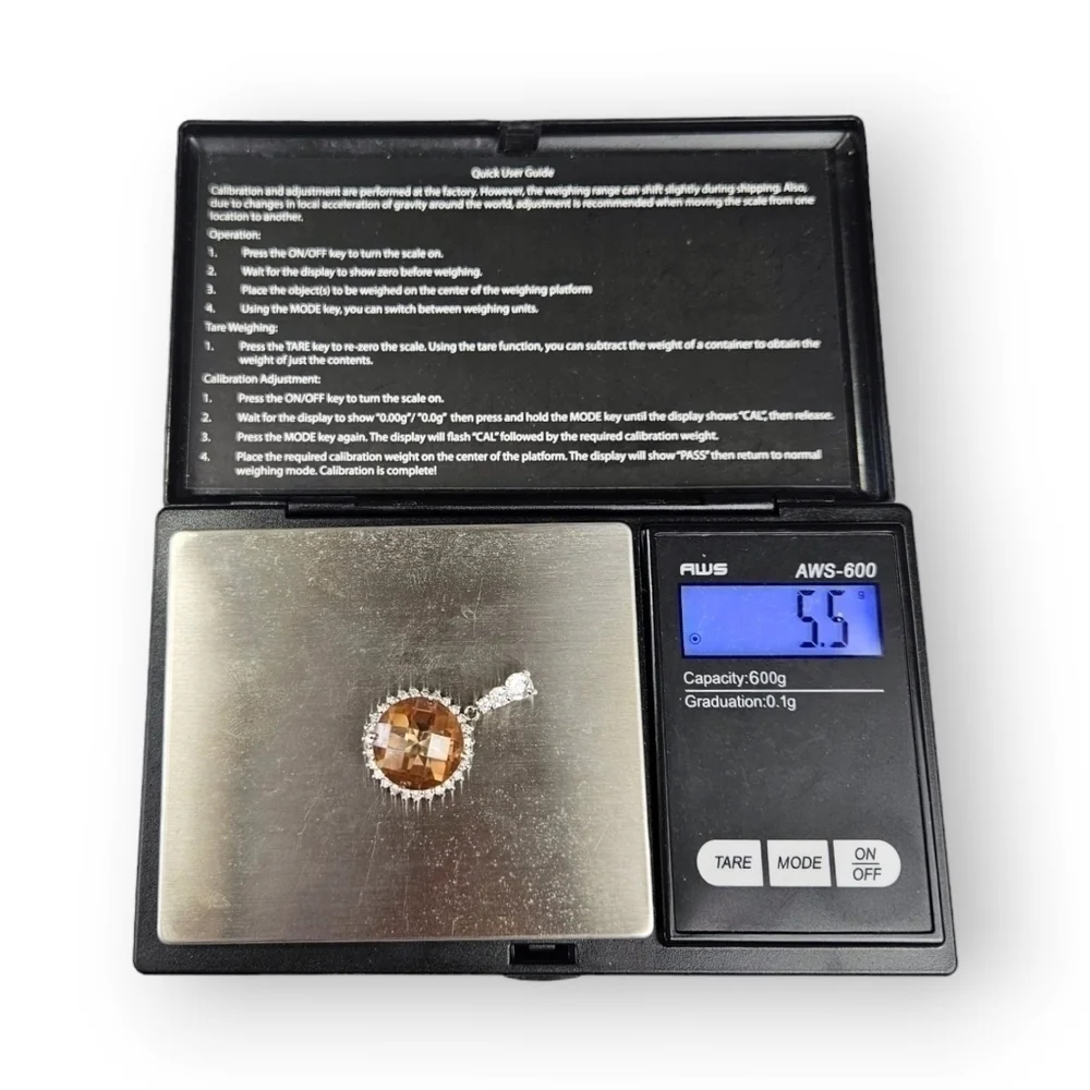 Sterling CZ Halo Pendant Faceted Amber Glass Pave White 925 Silver Drop 1 1/8